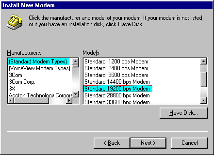 Install New Modem dialog box - Model